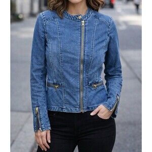 NY&Co Women’s Small Feminine Peplum Moto Jean Jacket Gold Accents 0037